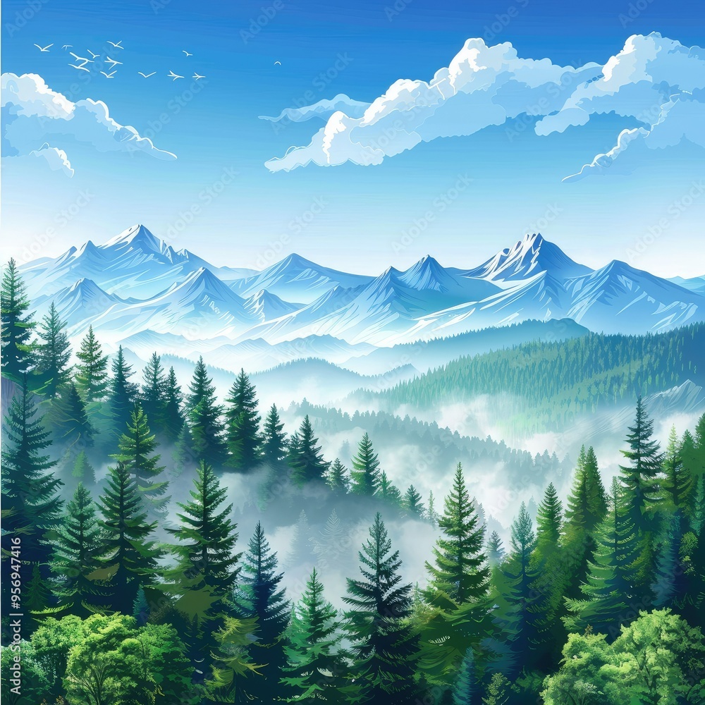 Fototapeta premium Mountainous Landscape with Foggy Forest
