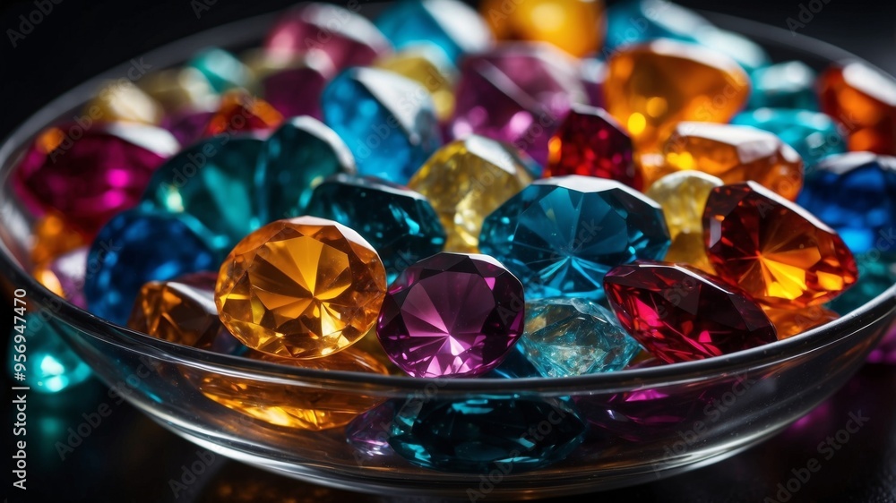 Colorful Gemstones Displayed in a Glass Bowl on a Dark Surface. Colorful Gemstones Displayed in a Glass Bowl on a Dark Surface.