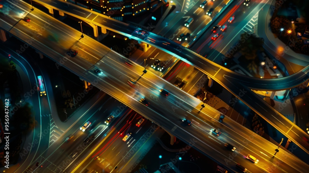 An aerial view of a bustling highway interchange, with vibrant lights illuminating the busy night traffic. An aerial view of a bustling highway interchange, with vibrant lights illuminating the busy night traffic.