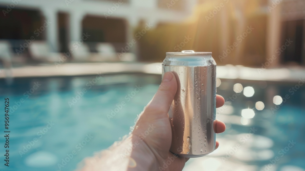 A chilled beverage can be held up against the backdrop of a sunny poolside area, capturing the essence of relaxation and refreshment on a warm day.