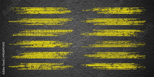 Yellow grunge tire tracks, wheel braking marks. Truck, car or motorcycle tread pattern silhouettes. Auto race, motorsport, speed racing design element. Asphalt texture. Vector illustration