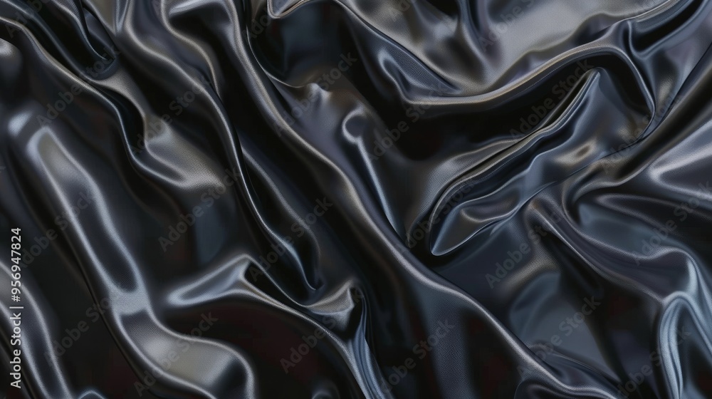 Obraz premium Shiny black silk fabric drapes elegantly, creating a rich, luxurious texture that flows like water, displaying both shine and intricate creases in a mesmerizing pattern.