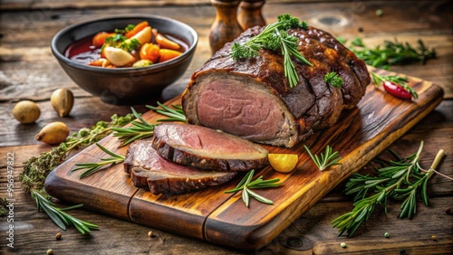 Golden-brown roasted venison roast garnished with fresh rosemary and thyme, served with roasted root vegetables and a rich, savory au jus on a rustic wooden board. photo