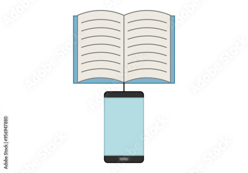 Libro de tapa azul abierto conectado a un smartphone representando educación online