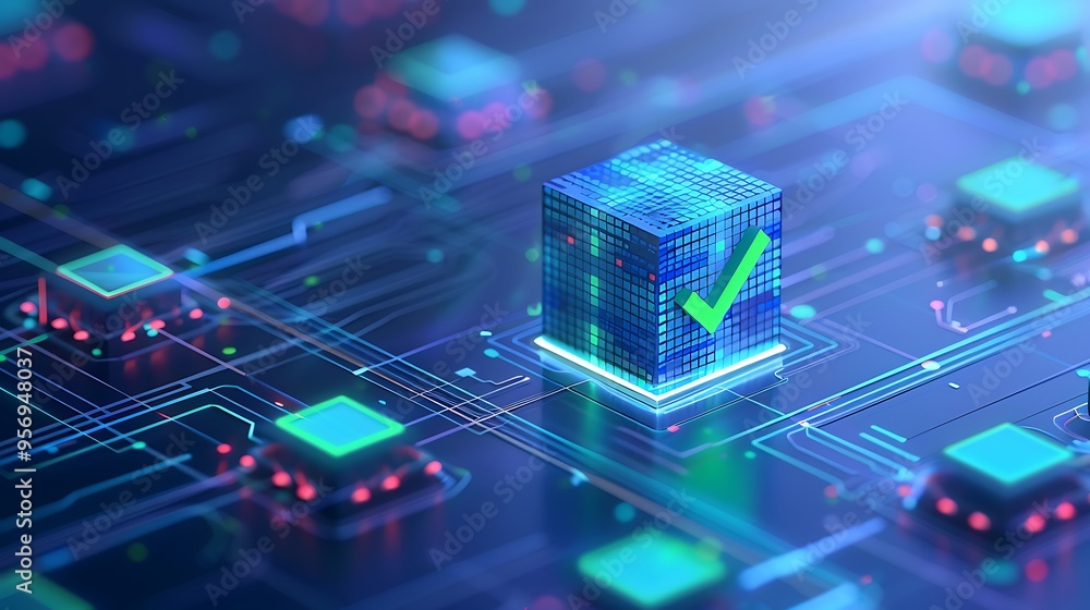 Digital blockchain concept with glowing circuitry and data blocks, representing secure transactions and innovative technology. Digital blockchain concept with glowing circuitry and data blocks, representing secure transactions and innovative technology.
