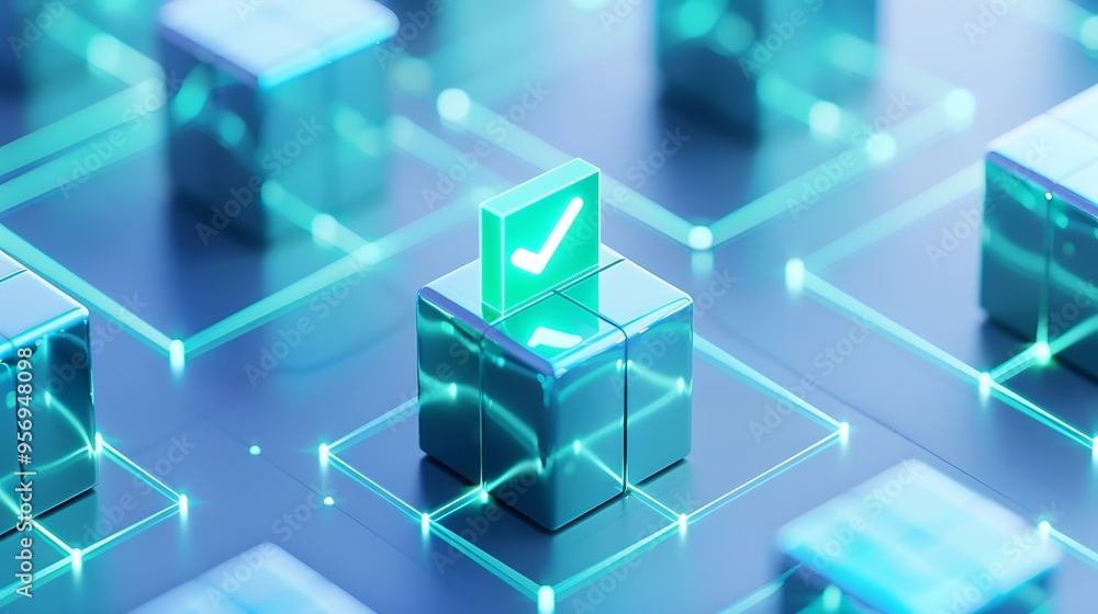 Digital blockchain network security concept with glowing cubes and checkmarks symbolizing data verification and cybersecurity in abstract setting. Digital blockchain network security concept with glowing cubes and checkmarks symbolizing data verification and cybersecurity in abstract setting.