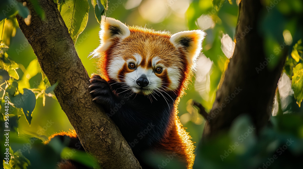 Obraz premium Red Panda Climbing a Tree in the Forest