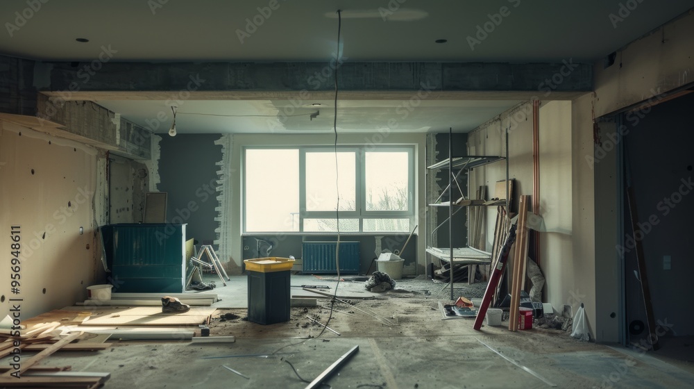 Fototapeta premium A room under renovation, with various construction materials scattered around and a window letting in natural light.