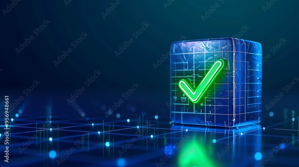 Digital check mark glowing in a futuristic blue grid background, symbolizing approval, verification, or technology acceptance. Digital check mark glowing in a futuristic blue grid background, symbolizing approval, verification, or technology acceptance.