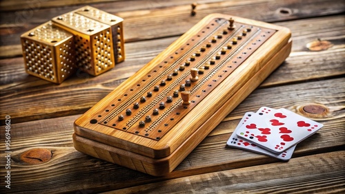 Golden-hued wooden cribbage board on a rustic wooden table, surrounded by scattered playing cards, a deck, and a scored game in progress.