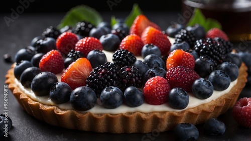 Freshly Baked Blueberry Tart Garnished With Cream and Berries on a Dark Table.