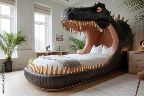 Interior of a modern children's cozy bedroom, bed shaped like a dinosaur.  photo