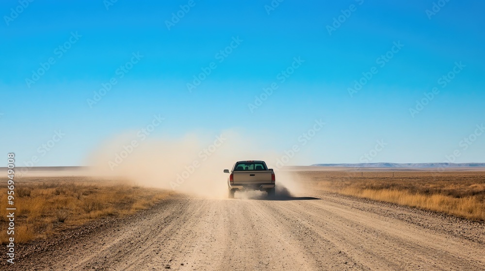 A pickup truck driving down a dirt road with dust clouds trailing behind, under a clear blue sky. A pickup truck driving down a dirt road with dust clouds trailing behind, under a clear blue sky.
