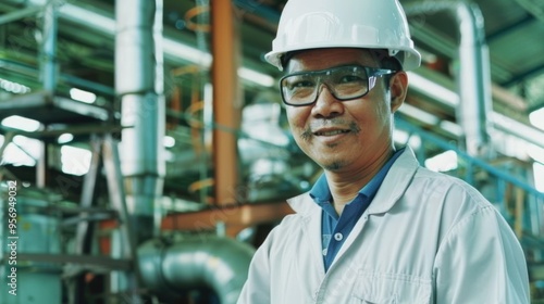 An engineer in safety gear smiling confidently at the camera inside a bustling industrial facility, showcasing hard work and expertise.