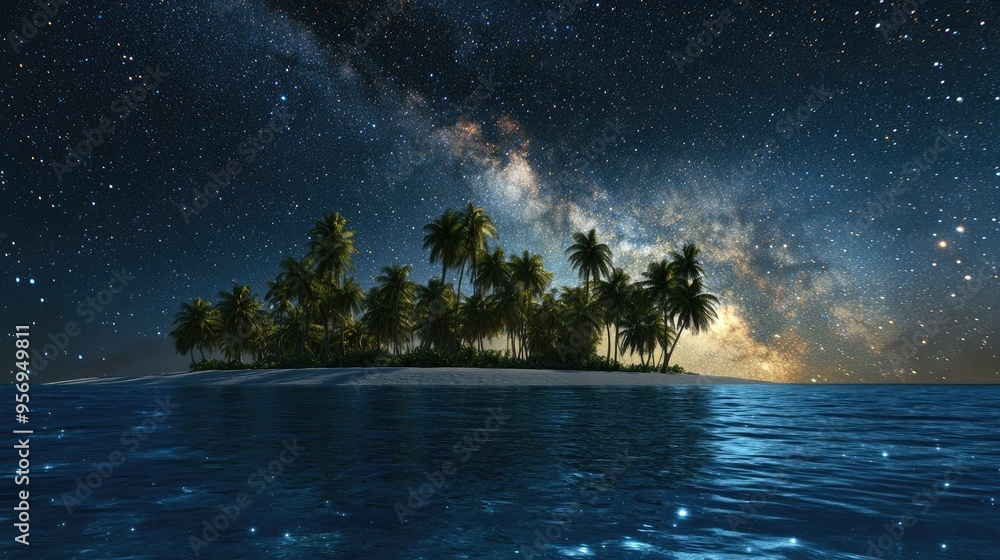 A remote island with palm trees under a starry sky, with the Milky Way clearly visible above the horizon. A remote island with palm trees under a starry sky, with the Milky Way clearly visible above the horizon.