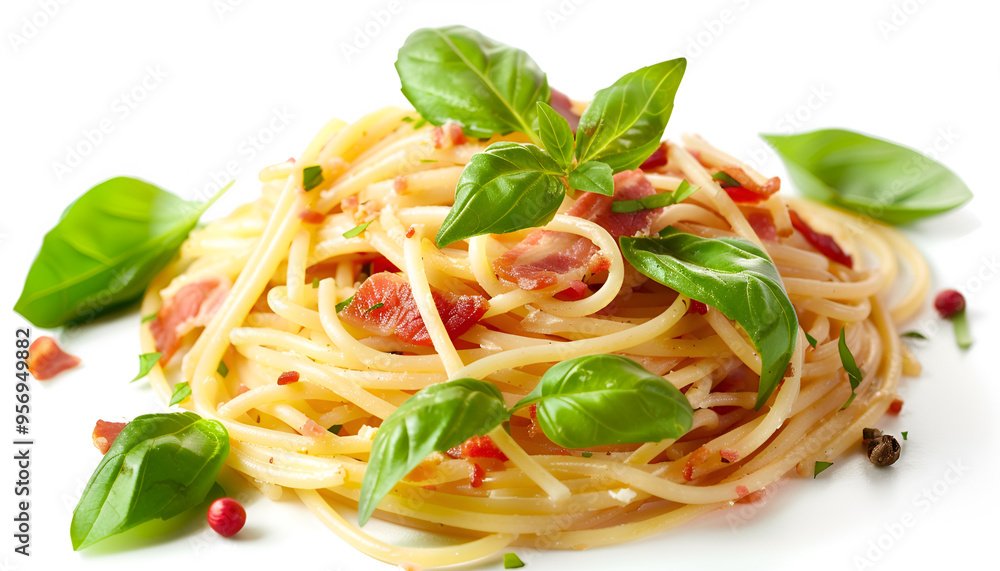 Tasty pasta with bacon and basil isolated on white Tasty pasta with bacon and basil isolated on white