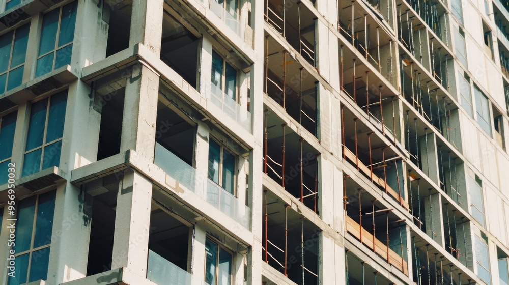 The facade of a construction site, showcasing the skeleton of a high-rise building with exposed beams and unfinished sections under the daylight. The facade of a construction site, showcasing the skeleton of a high-rise building with exposed beams and unfinished sections under the daylight.