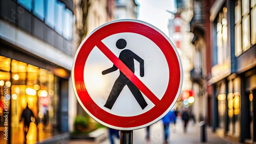 A bold, red, circular prohibition sign with a white interior and a black icon of a person walking with a strikethrough, set against a blurred urban backdrop. photo