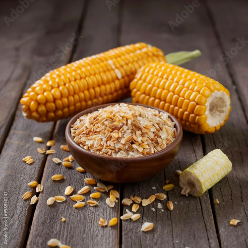 Selective focus on wooden rustic table with corn groats, seeds, and corncobs. Ai generated