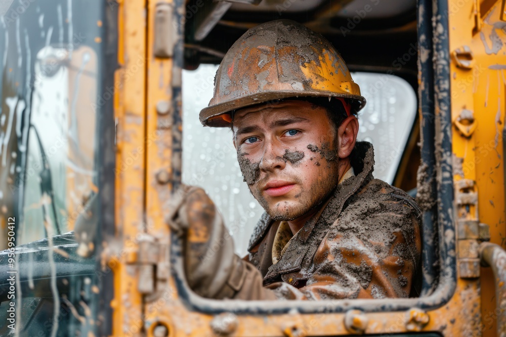 A young engineer, his face streaked with dirt and sweat, emerges from the excavator's cab, a sense of accomplishment washing over him. A young engineer, his face streaked with dirt and sweat, emerges from the excavator's cab, a sense of accomplishment washing over him.