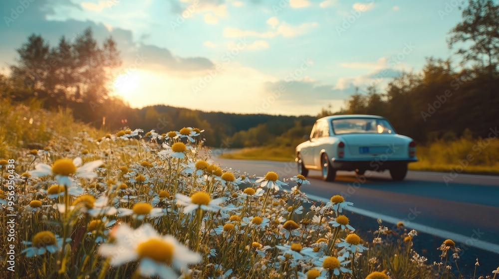 A scenic drive through the countryside with a vintage car passing by blooming wildflowers along the roadside. A scenic drive through the countryside with a vintage car passing by blooming wildflowers along the roadside.