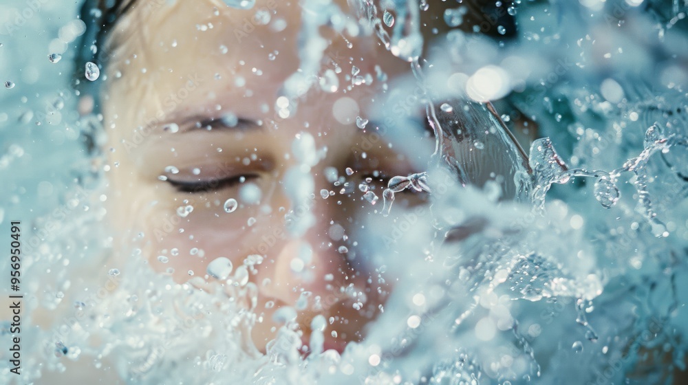 Fototapeta premium A person submerged in water with eyes closed, enveloped by ripples and bubbles, embodying a serene and refreshing sensation.