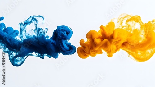 Floating Ink Swirls: Two vibrant ink swirls, one deep blue and the other bright yellow, mixing in mid-air against a pure white background, creating a mesmerizing abstract pattern.
