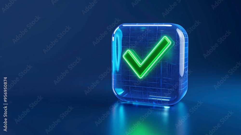 Digital green check mark icon in a glass-like 3D block on a blue background, symbolizing approval, confirmation, or completion. Digital green check mark icon in a glass-like 3D block on a blue background, symbolizing approval, confirmation, or completion.
