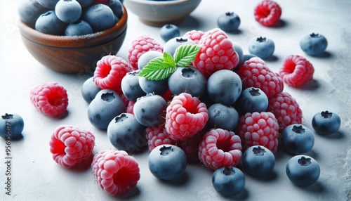 A vibrant and enticing arrangement of fresh blueberries and raspberries, isolated on a white background. The bright colors and juicy textures of the berries evoke a sense of freshness and summer delig photo