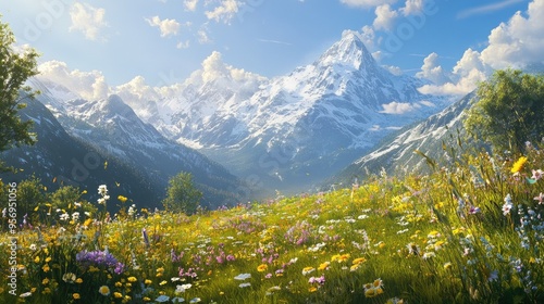 A serene alpine meadow in full bloom, with wildflowers and towering mountains covered in a blanket of snow.