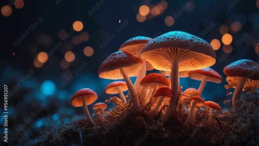Fototapeta premium magic mushrooms glowing under black light.