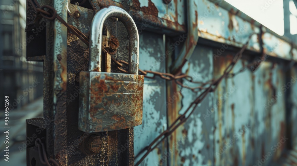 A rusted padlock and chain secure an old, weathered gate, creating a poignant image of security and rustic abandonment. A rusted padlock and chain secure an old, weathered gate, creating a poignant image of security and rustic abandonment.