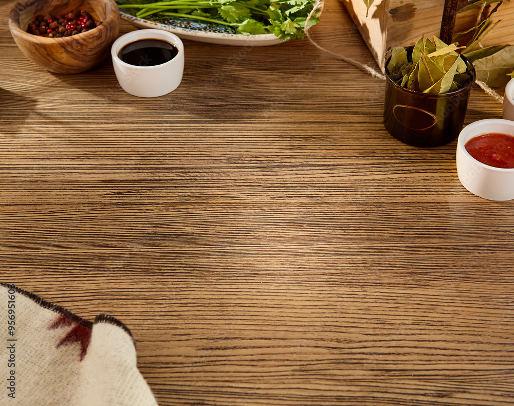 Wooden Table with Culinary Ingredients and Spices Wooden Table with Culinary Ingredients and Spices