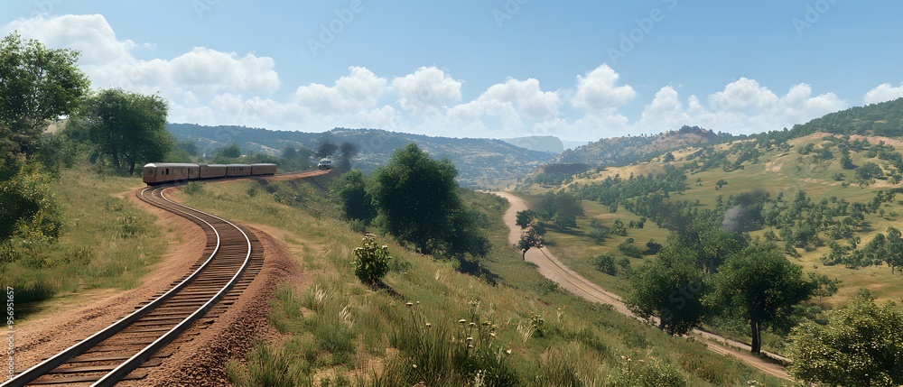 Naklejka premium Train Through Rolling Hills