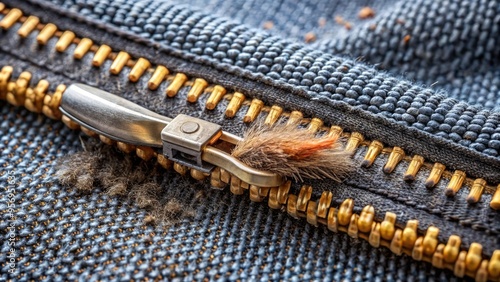 A close-up shot of an open zipper with a small, worn-out brush resting on top, surrounded by scattered bristles and a few loose threads. photo