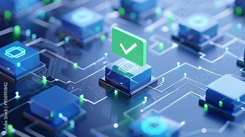 Wallpaper Mural Digital illustration of blockchain technology with a network of interconnected nodes and a green checkmark for verified transaction. Torontodigital.ca