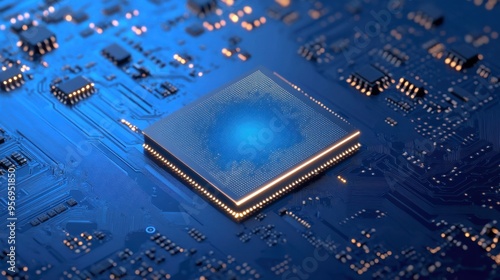 Close-up view of a microchip on a blue circuit board, showcasing intricate details and advanced technology in electronics. photo