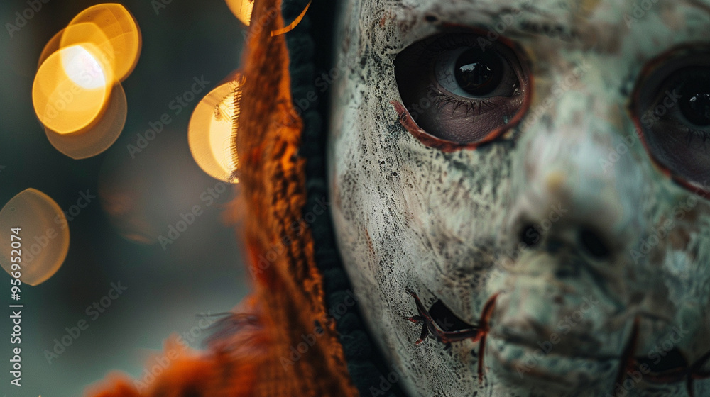 Medium close-up of a person wearing a Halloween mask, with only the eyes visible through the mask. Medium close-up of a person wearing a Halloween mask, with only the eyes visible through the mask.