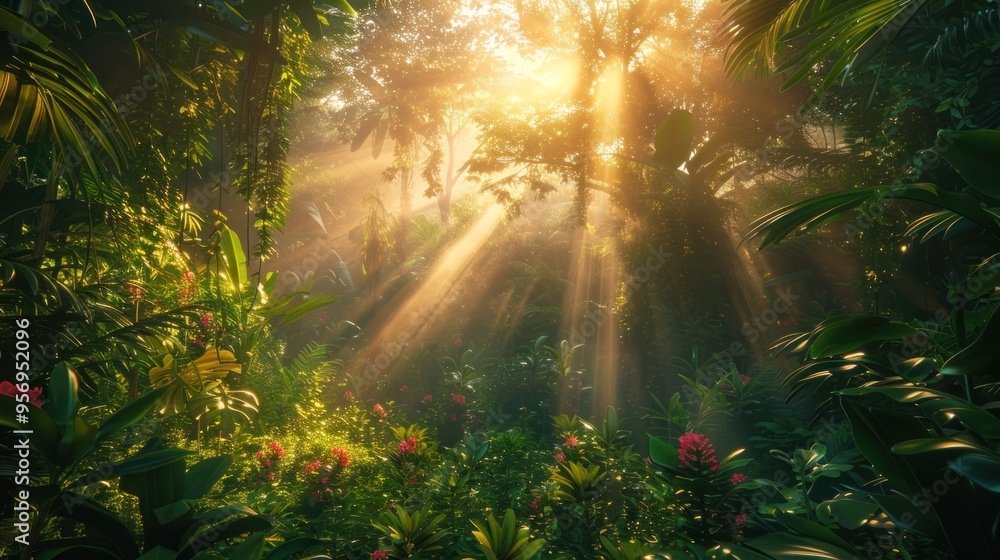 This captivating tropical rainforest scene showcases the vibrant and dynamic beauty of the canopy at sunrise The timelapse captures the beams of light breaking through the dense foliage This captivating tropical rainforest scene showcases the vibrant and dynamic beauty of the canopy at sunrise The timelapse captures the beams of light breaking through the dense foliage