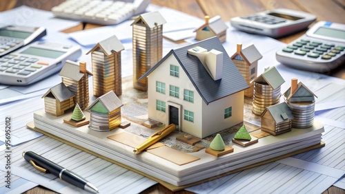 A cluttered desk with stacks of papers, calculators, and pens, surrounded by miniature houses and money symbols, illustrating the complexity of real estate closing costs.