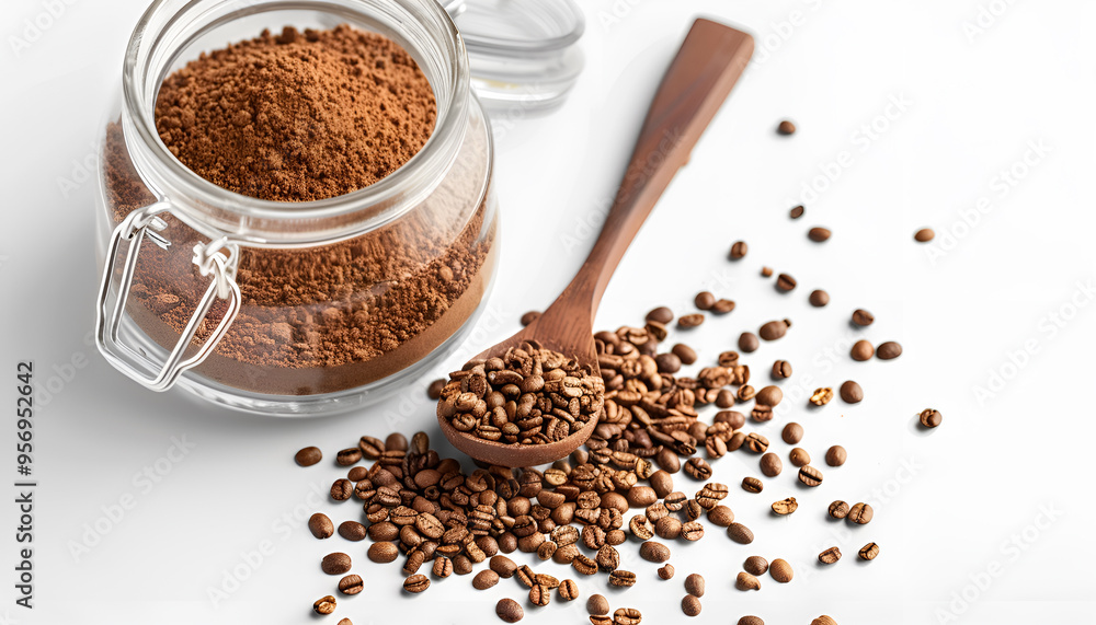 Spoon and glass jar with instant coffee on white background Spoon and glass jar with instant coffee on white background