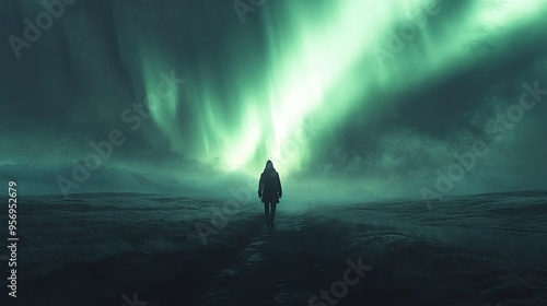 A silhouette of a lone traveler walking along a path under a sky illuminated by the Northern Lights.