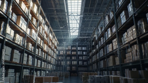 Wallpaper Mural A vast, well-organized warehouse with shelves stacked high with boxes, illuminated by natural light streaming through the skylight above. Torontodigital.ca