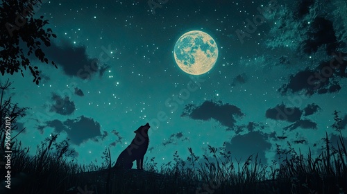 A silhouette of a wolf howling at the full moon under a sky filled with stars and passing clouds.