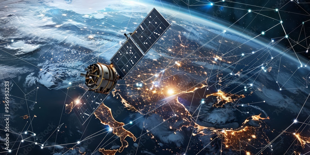A satellite image of Earth with network lines, symbolizing global communication and data exchange A satellite image of Earth with network lines, symbolizing global communication and data exchange