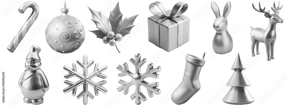 Set of silver Christmas decorations. Christmas tree, reindeer, Santa Claus, snowflake, candy cane, gift box, stocking, mistletoe leaves, bunny, bauble