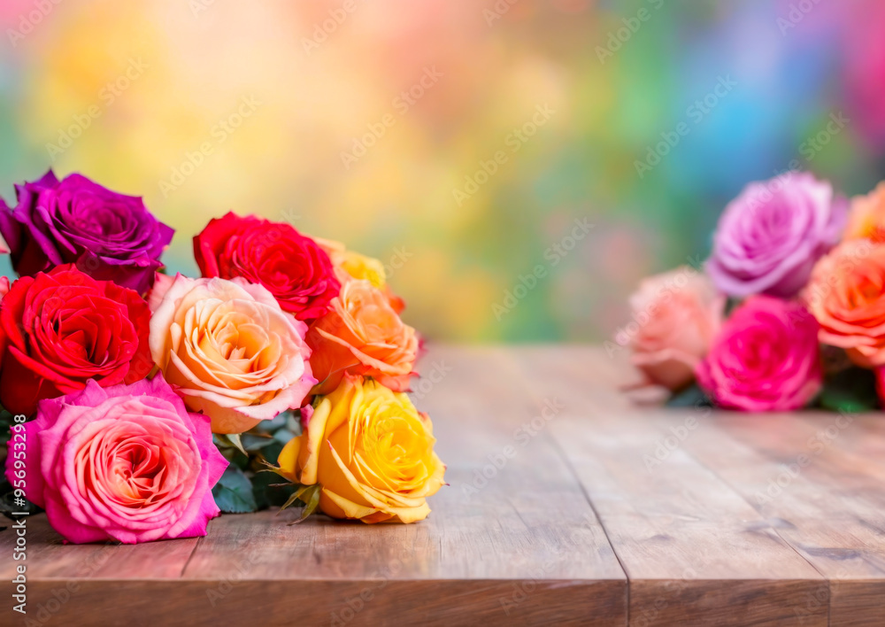Colorful Roses on Wooden Table with Blurred Rainbow Background. Colorful Roses on Wooden Table with Blurred Rainbow Background.