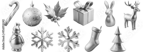 Obraz na płótnie Set of silver Christmas decorations. Christmas tree, reindeer, Santa Claus, snowflake, candy cane, gift box, stocking, mistletoe leaves, bunny, bauble w salonie