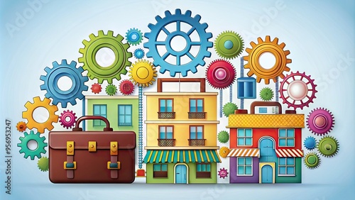 A colorful, stylized illustration of various businesses' icons, including a store, building, briefcase, and gears, merged together to form a cohesive, modern composite symbol.