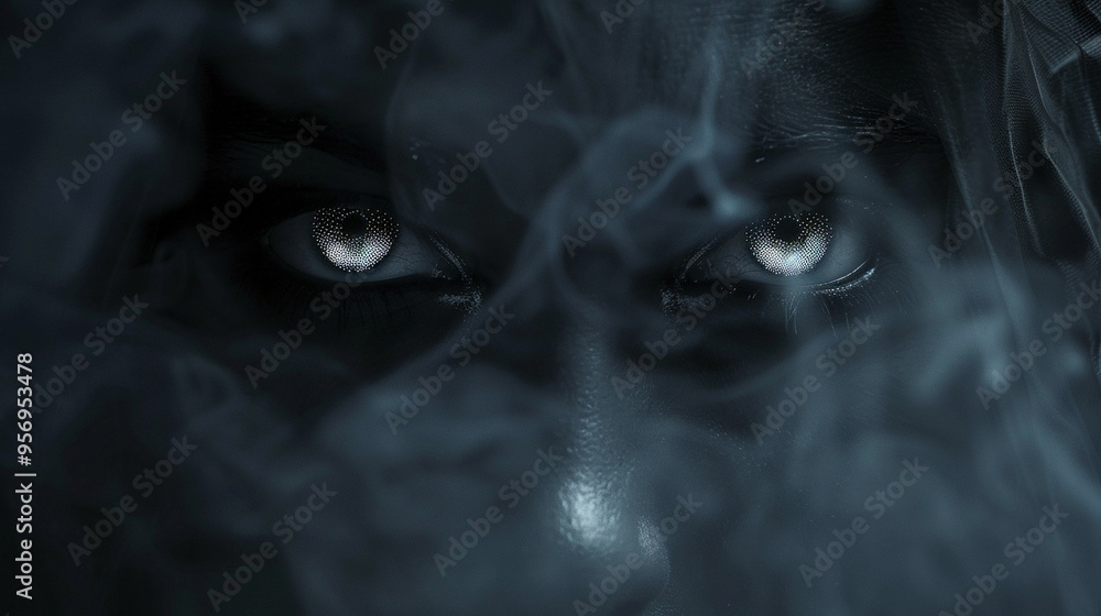 Medium close-up of a pair of eerie eyes glowing from the darkness, framed by ghostly mist. Medium close-up of a pair of eerie eyes glowing from the darkness, framed by ghostly mist.